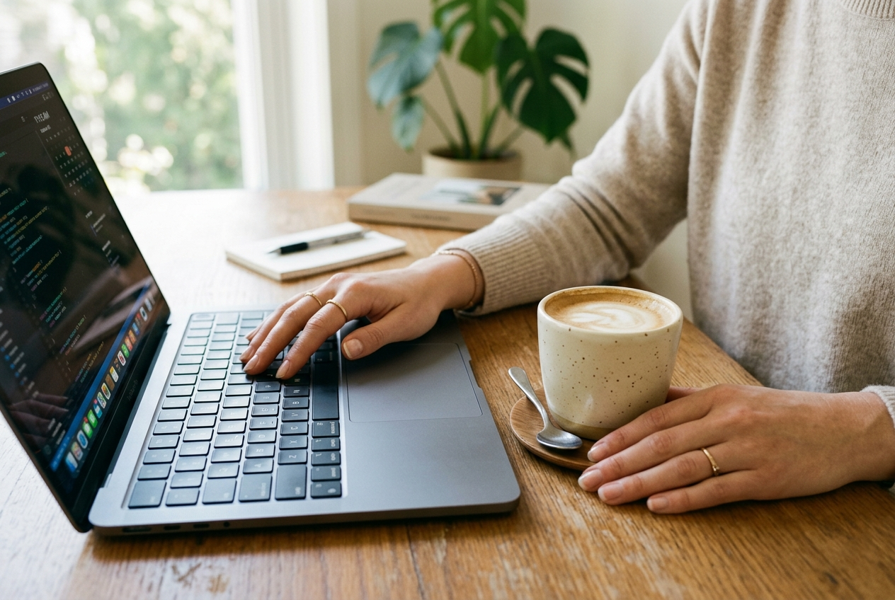 Elegant hands working at a laptop, showcasing the results of a simple and chic minimalist nail care essentials routine.