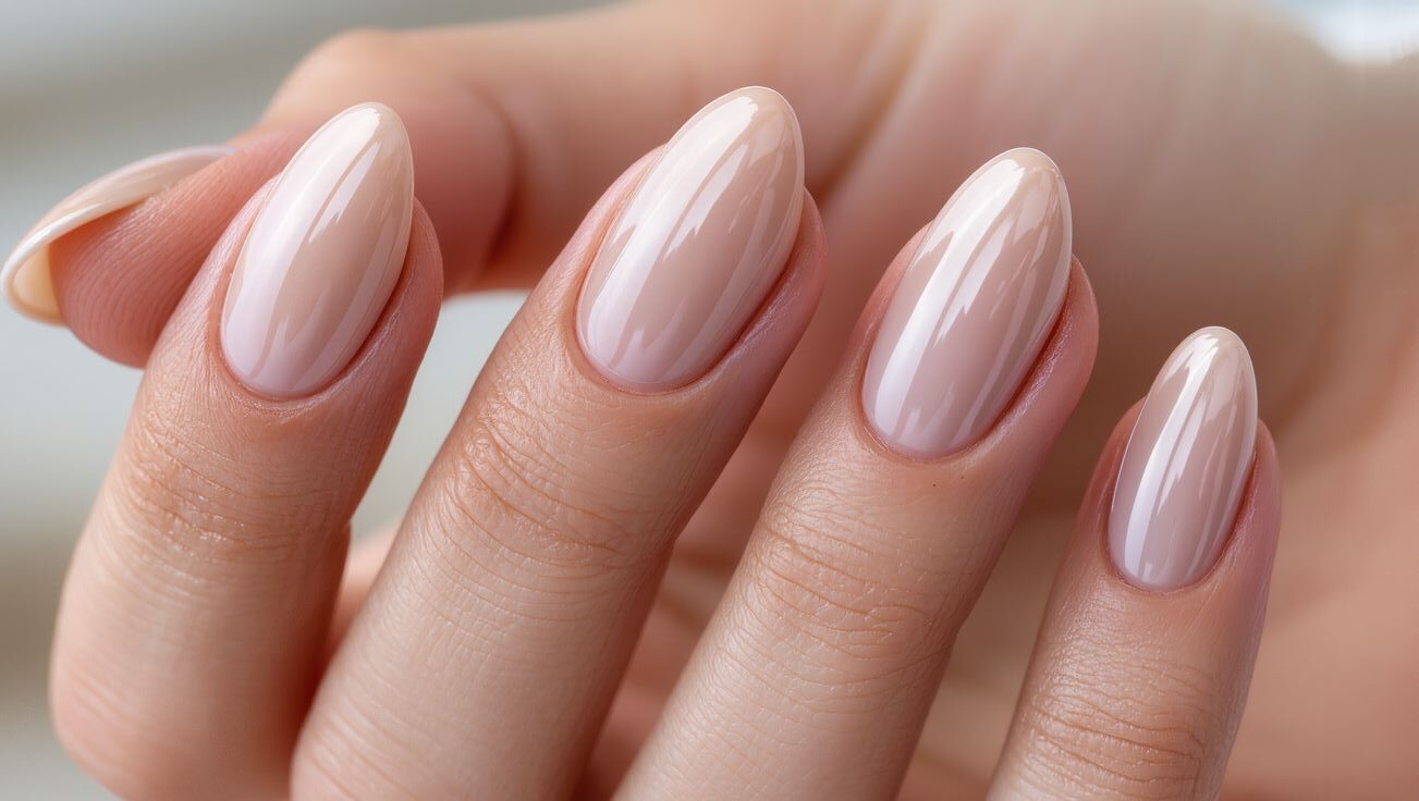 Elegant almond-shaped manicure with soft milky pink polish, a perfect example of Healthy-Looking Minimalist Nails trending for 2026.