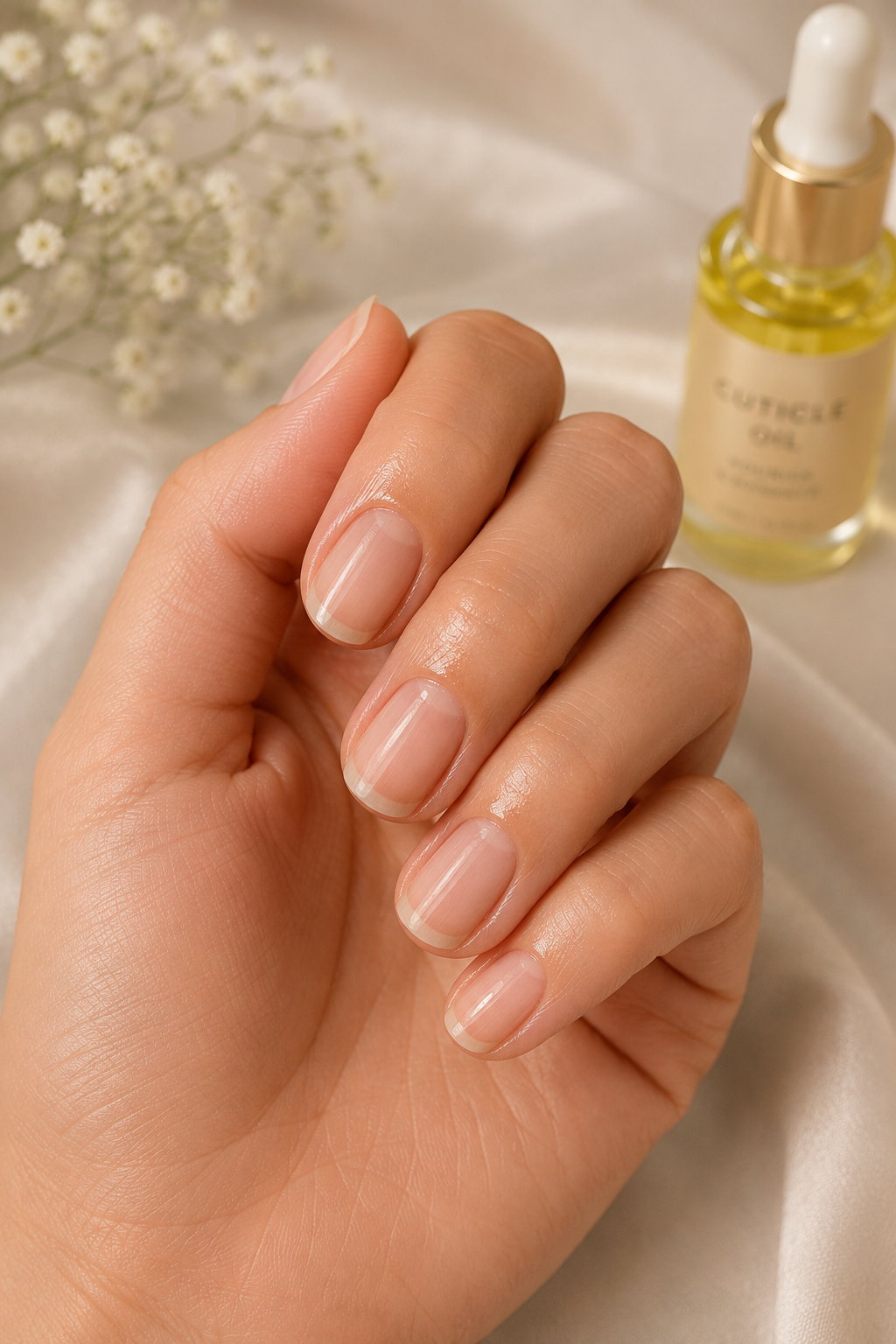 Healthy natural nails after regular cuticle oil application to maintain hydration and prevent brittleness.