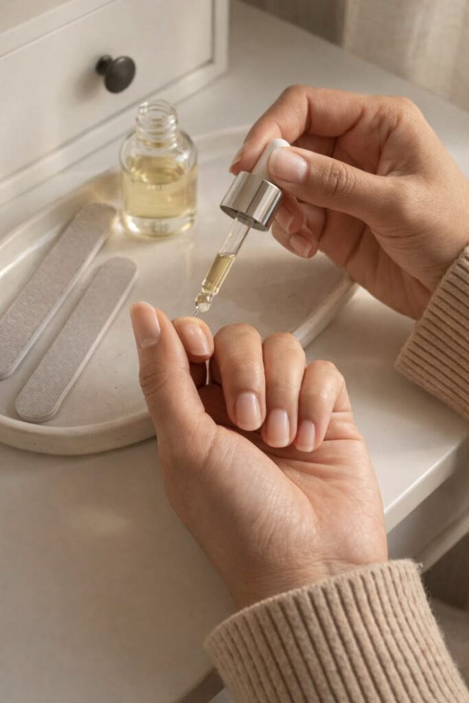 Nail Strengthening After Gel at home with cuticle oil application and a gentle nail care routine