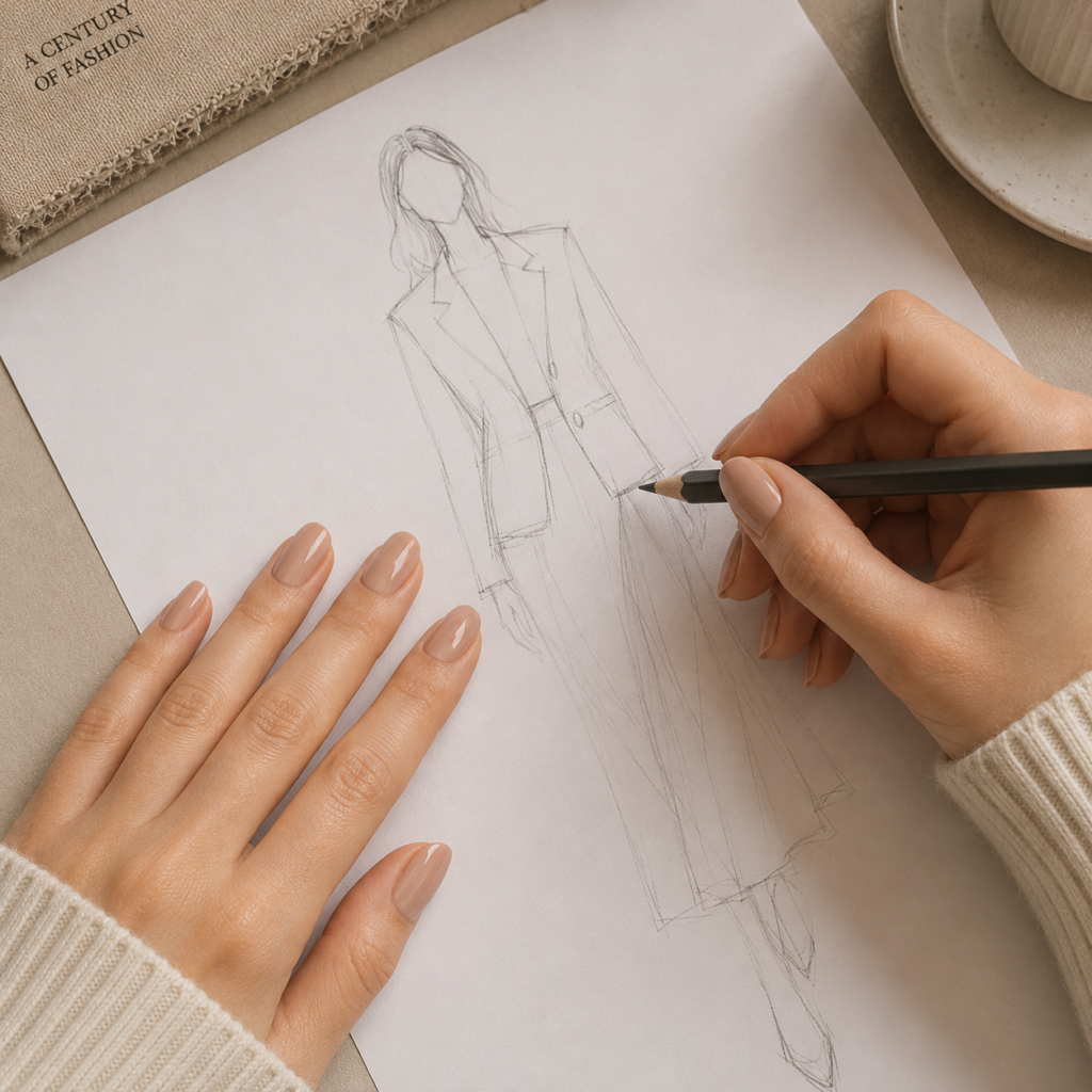 Close-up of feminine hands with elegant office-friendly nails in a soft blush beige shade, sketching on paper at a desk.