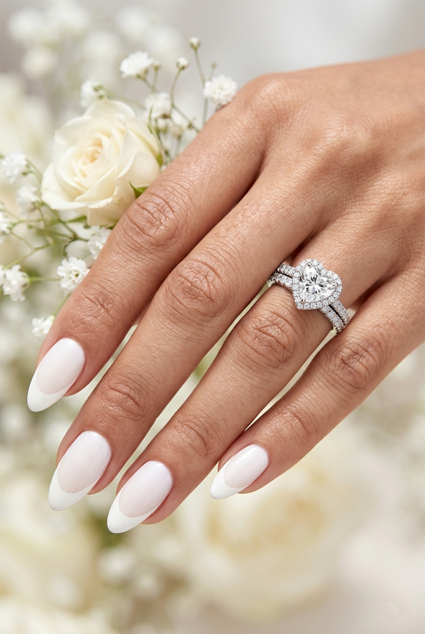 Classic white almond bridal nails creating a timeless and elegant wedding manicure look.