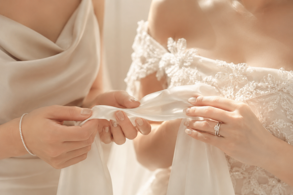 Elegant bridal and bridesmaid nails featuring a refined manicure for a timeless wedding look.