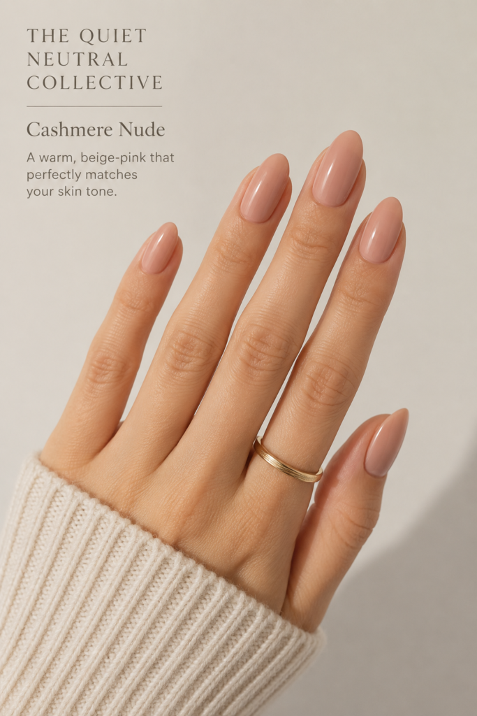Warm cashmere nude manicure displaying a polished and timeless look for professional and casual wear.