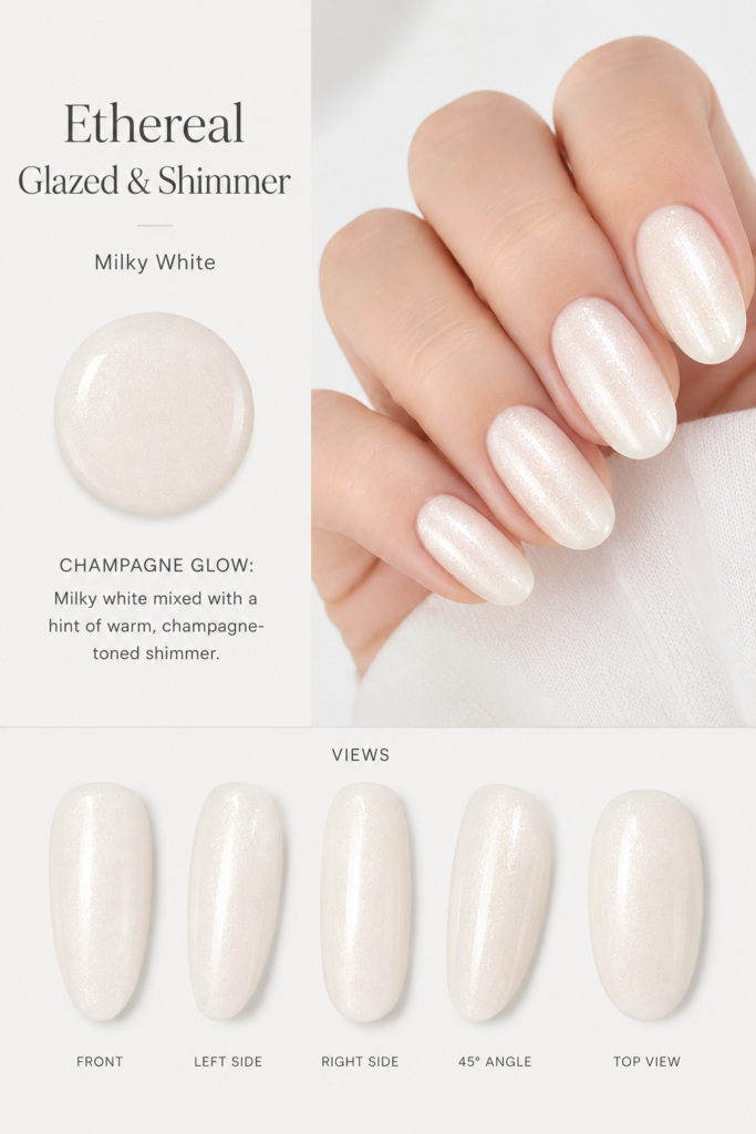 A hand model displaying a milky white base infused with warm, champagne-toned shimmer, illustrating how these milky white nail ideas add a touch of radiant warmth to your manicure.
