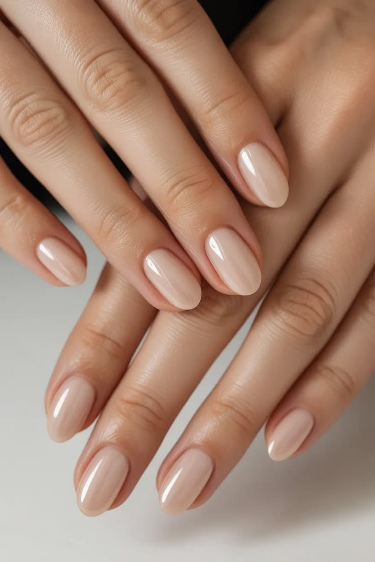 Champagne nude nails with a soft golden shimmer, classy feminine summer nails ideas.
