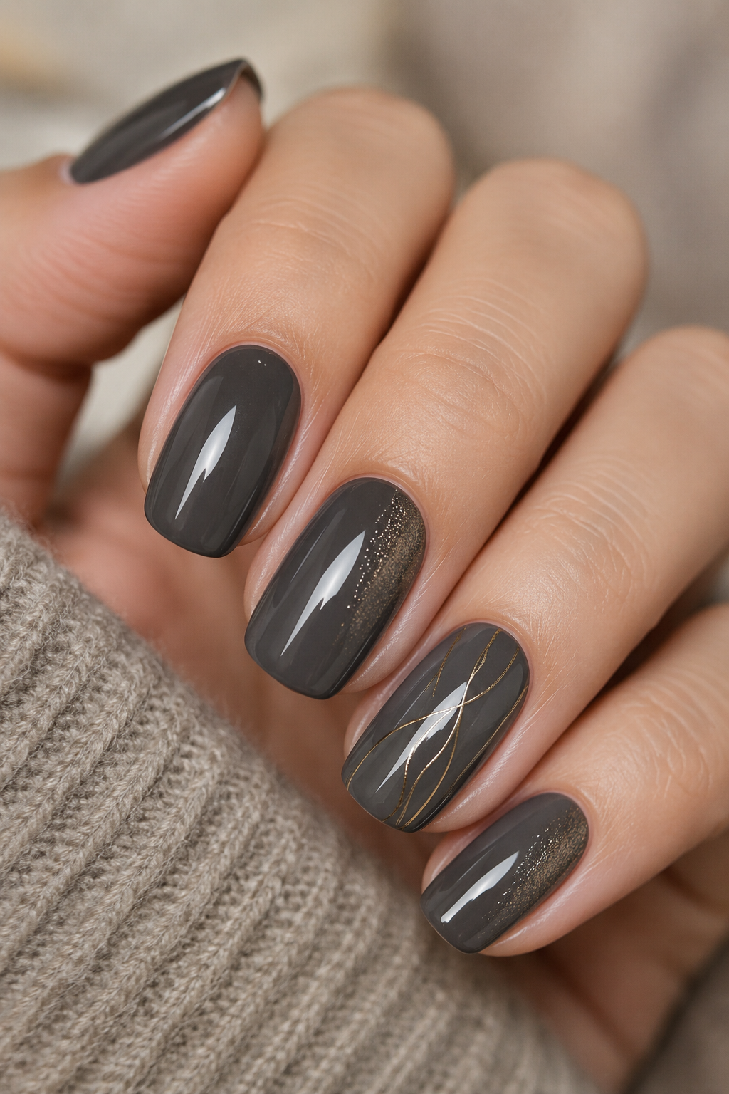 Charcoal gray nails with a sleek glossy finish, offering professional nail ideas for fall office style.