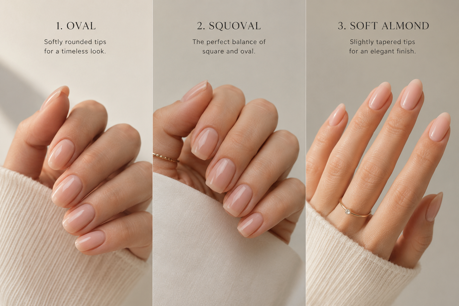 Guide comparing oval, squoval, and soft almond nail shapes to help create balanced, naturally elegant hands.