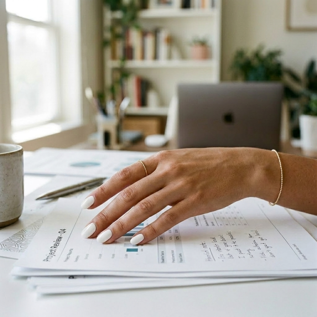 Elegant office-friendly nails in a crisp, classic alabaster white, resting gracefully on professional documents.