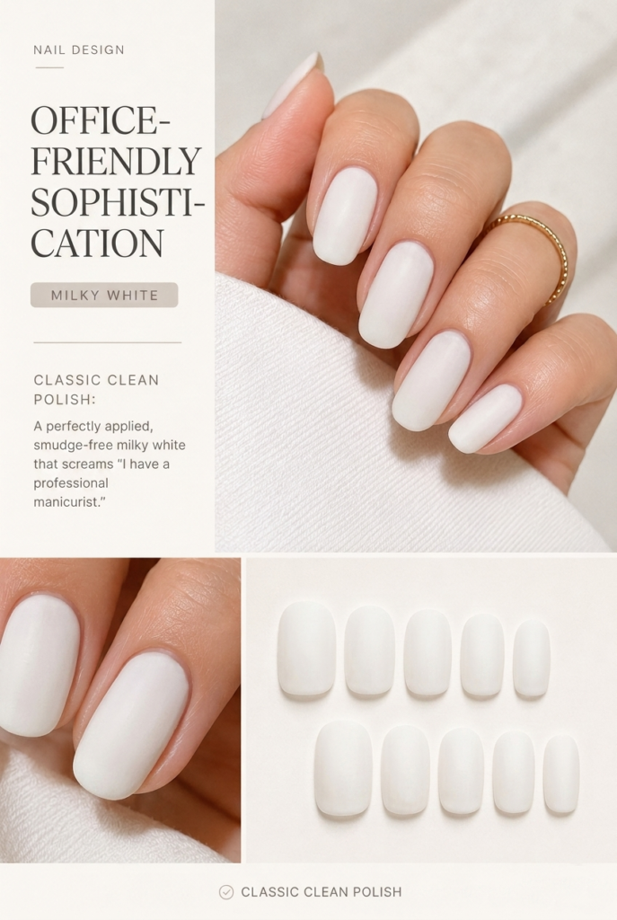 A perfectly applied, smudge-free manicure in a crisp milky white shade, embodying the professional standard of these elegant milky white nail ideas.