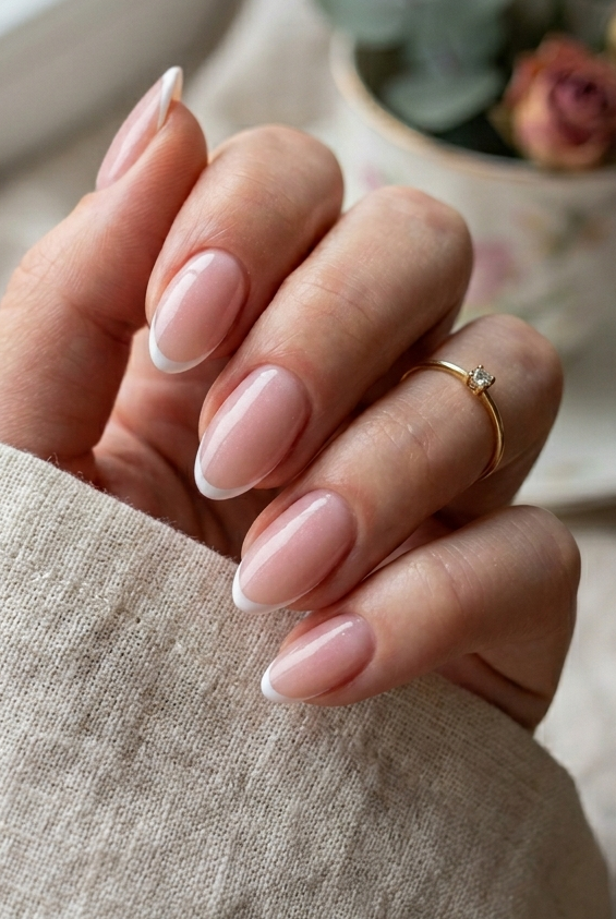 Timeless Classic Micro-French nails, the ultimate hallmark of elegance in our nude nail ideas collection.