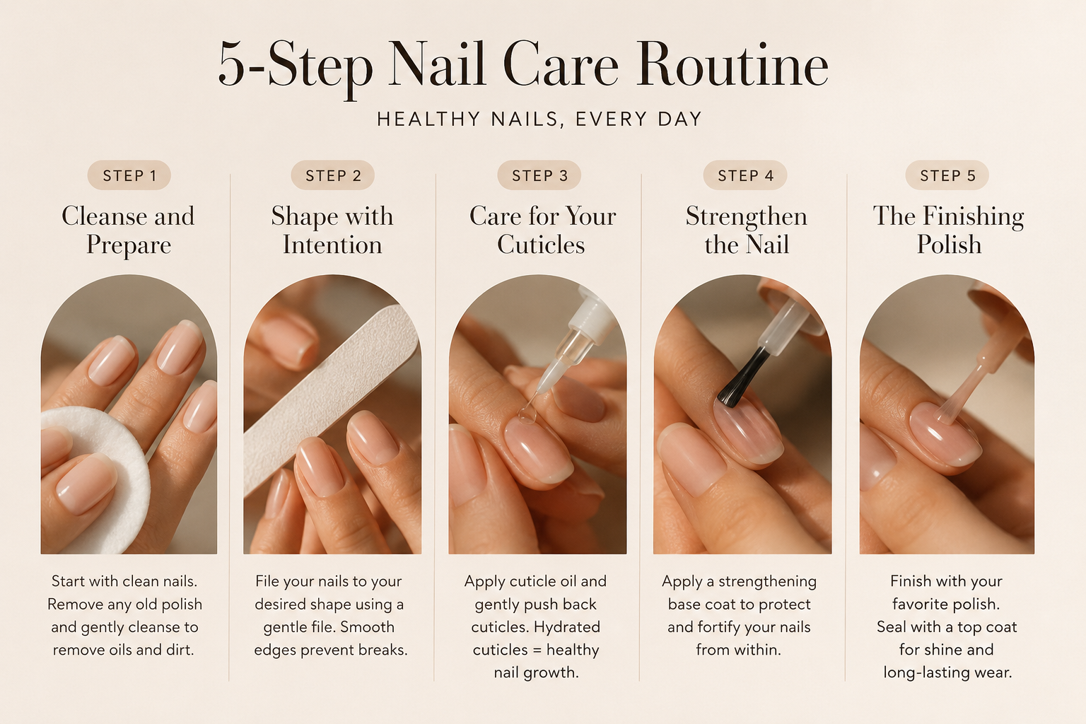 Step-by-step Clean Girl Nails care routine featuring nail preparation, cuticle care, hydration, and healthy nail maintenance for naturally beautiful nails.