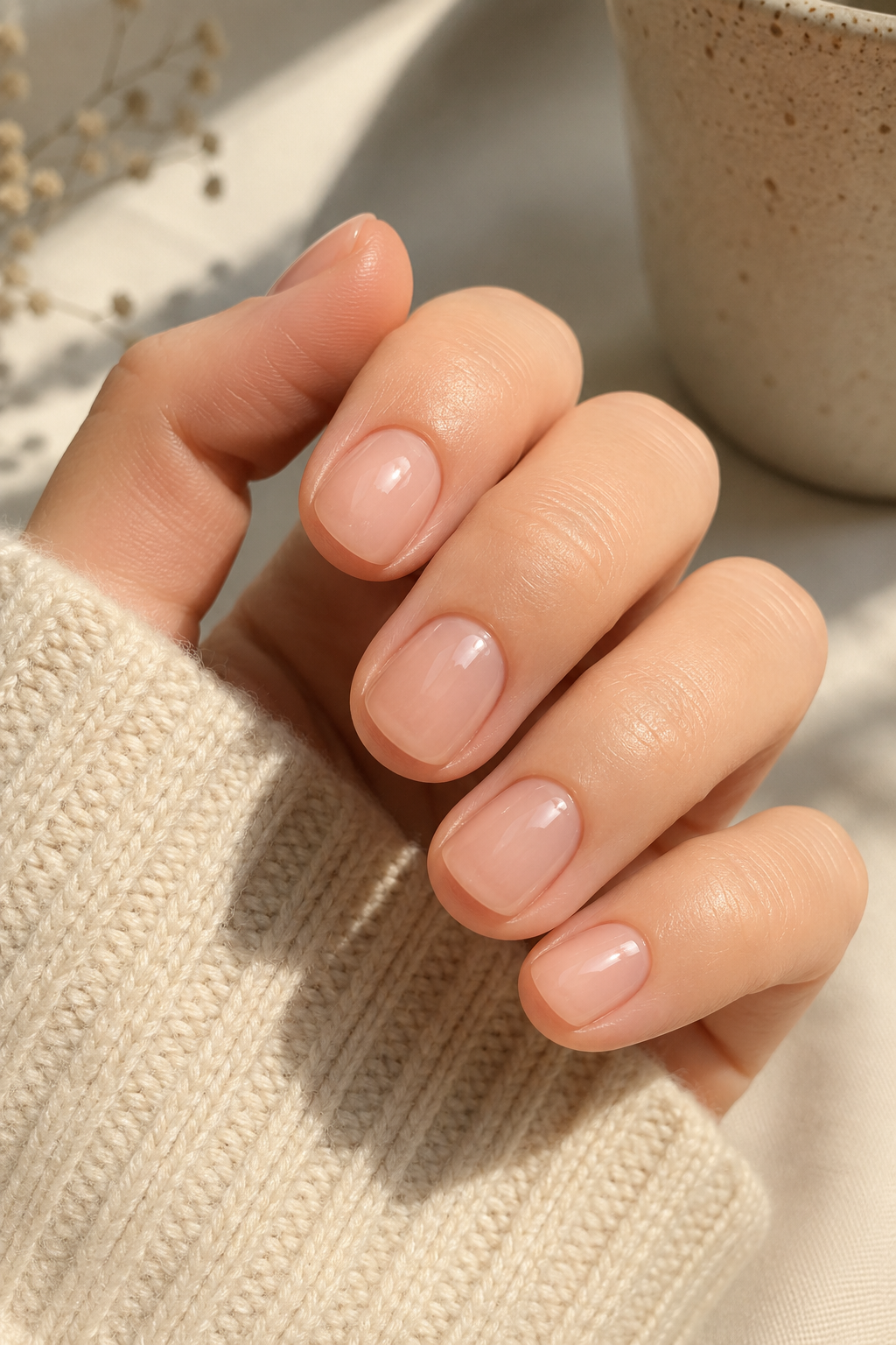 Minimalist Clean Girl Nails with a glossy nude finish and almond shape, perfect for a timeless everyday manicure.