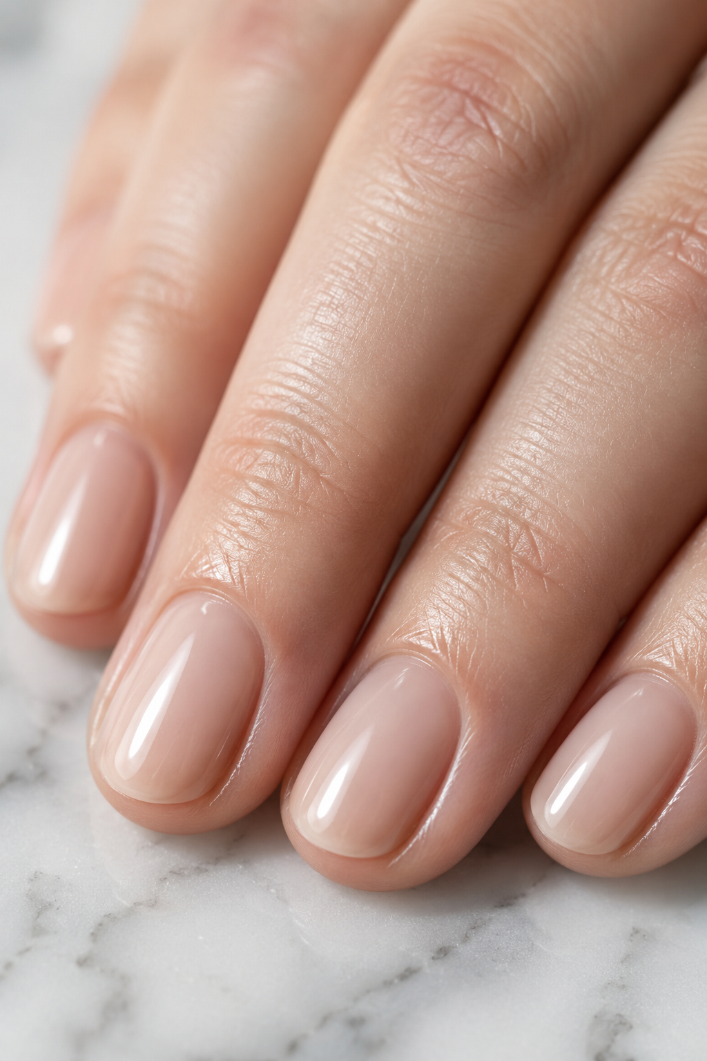 Close-up of softened, neatly groomed cuticles on pale hands with glossy nude nails, shot on a marble surface 