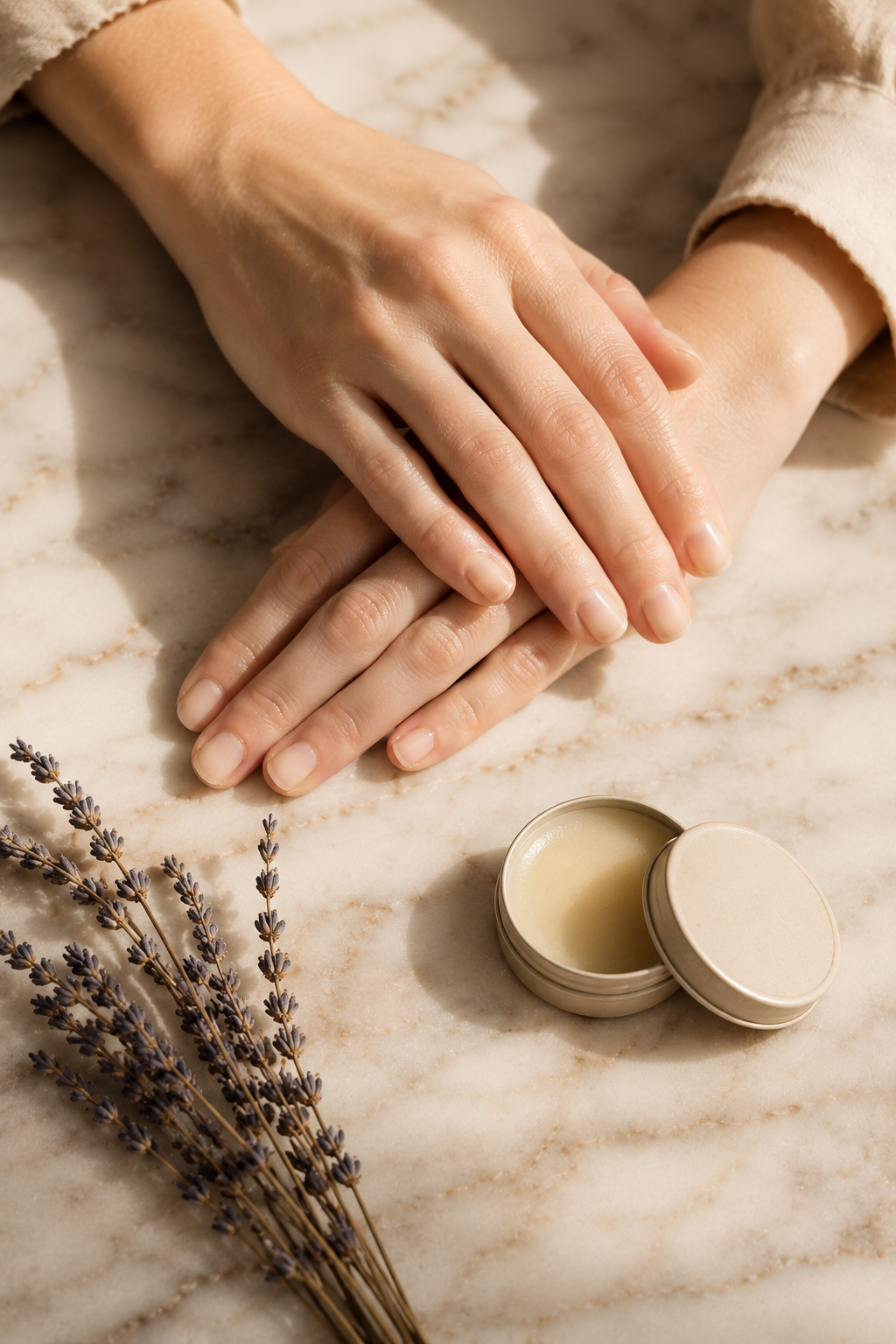 A woman's softly lit hands resting beside a small tin of cuticle balm on a marble surface, conveying quiet self-care 