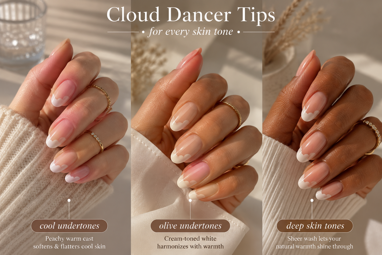 A guide showing how to style cloud dancer nails to perfectly match the Pantone 2026 nails trend across different skin tones.