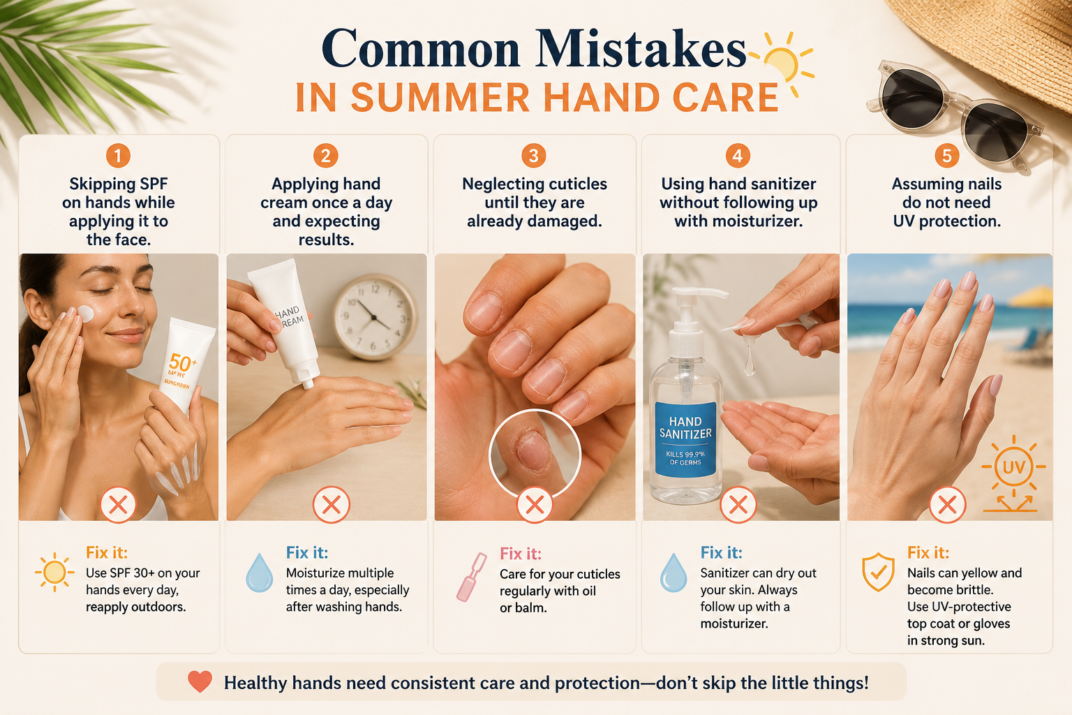 Summer Hand Care infographic showing common mistakes that cause dry, damaged, and aging hands in hot weather.