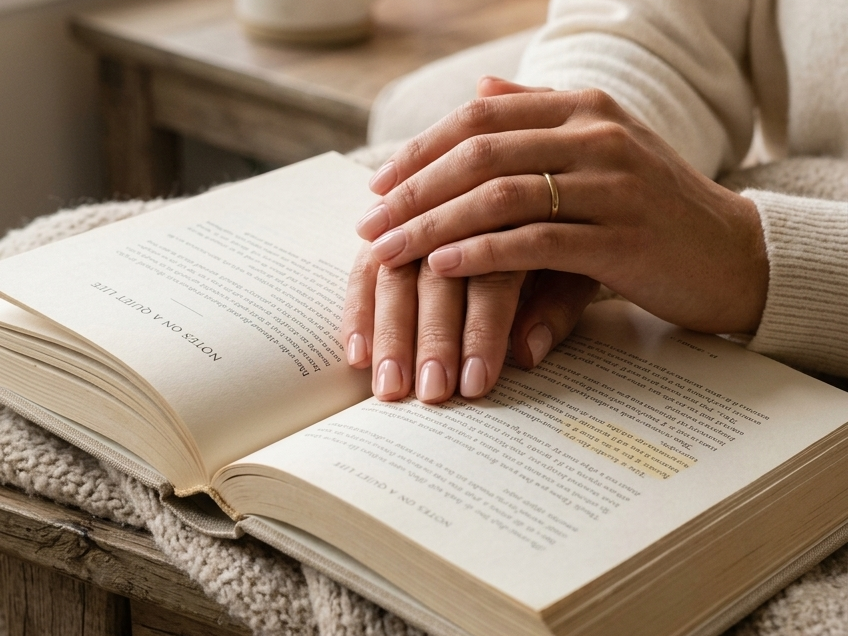 Woman relaxing with a book, displaying well-groomed nails hydrated with the best cuticle oils, Soft Élan lifestyle.