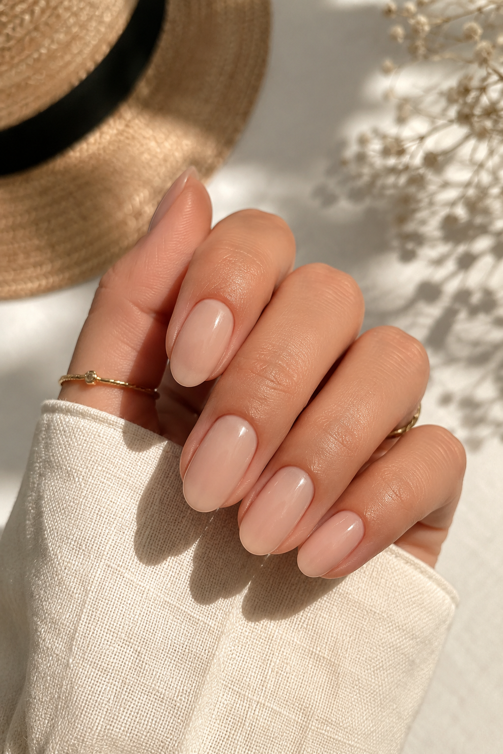 Creamy nude summer nails on oval-shaped nails, simple classy summer nails ideas.