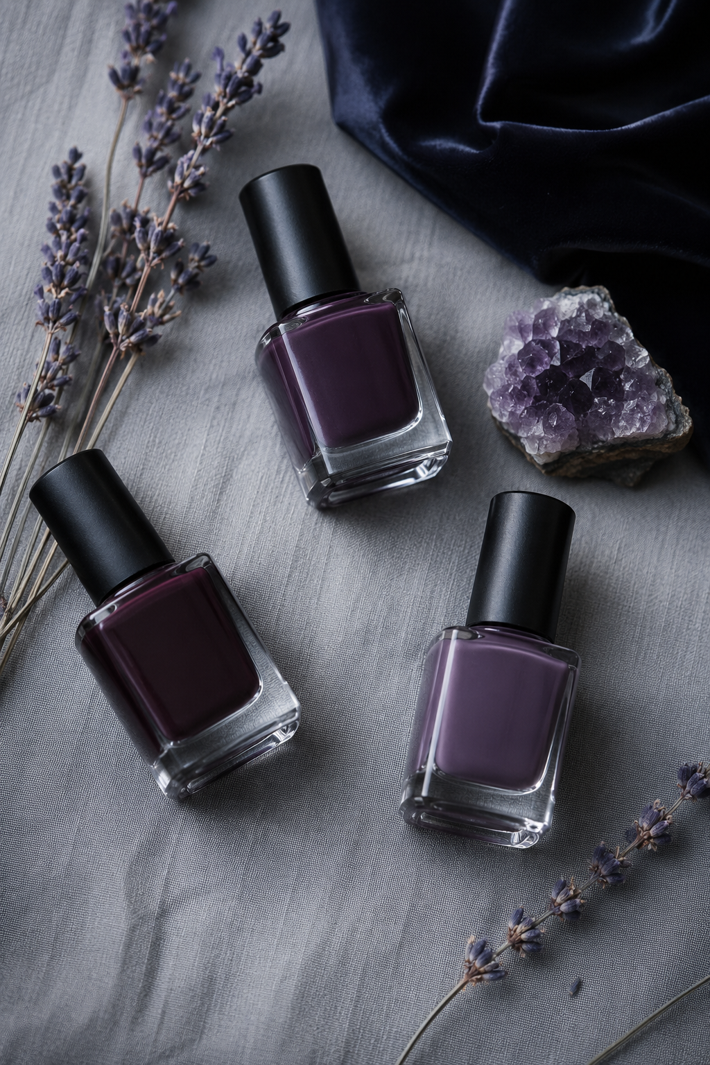  Deep plum and smoky amethyst nail polish bottles in a cool-toned autumn flat lay with velvet and dried lavender.

