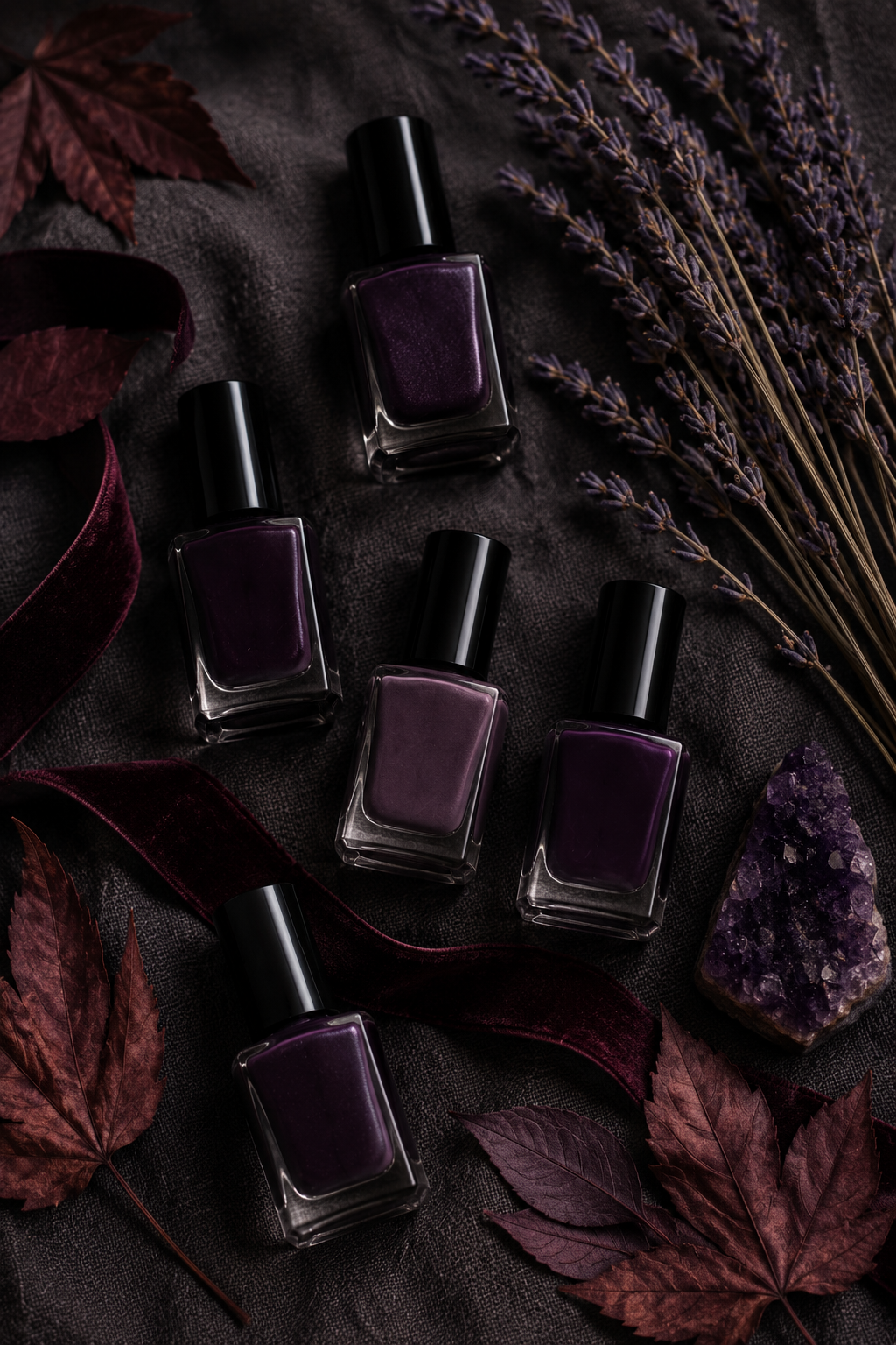 Deep plum nail polish bottles styled with autumn botanicals and velvet ribbon for a quiet luxury fall manicure flat lay.


