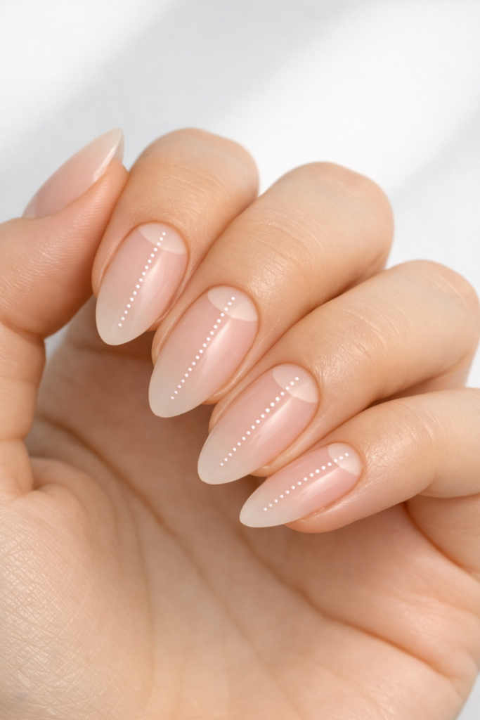 Glossy nude pink almond nails with delicate dotted line details, offering a clean and sophisticated minimalist look.