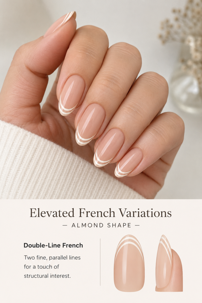 Elegant almond nails featuring a modern double-line French tip design in soft nude shades for a minimalist and polished appearance.