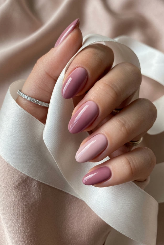 Soft feminine bridal and bridesmaid nails in shades of muted blush and dusty mauve.
