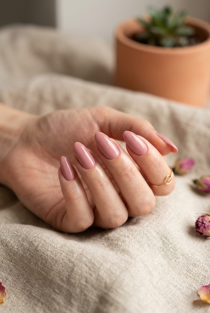 Muted Dusty Rose Tint manicure, a warm and feminine pick among our nude nail ideas.