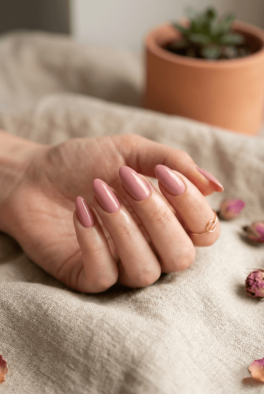 Muted Dusty Rose Tint manicure, a warm and feminine pick among our nude nail ideas.