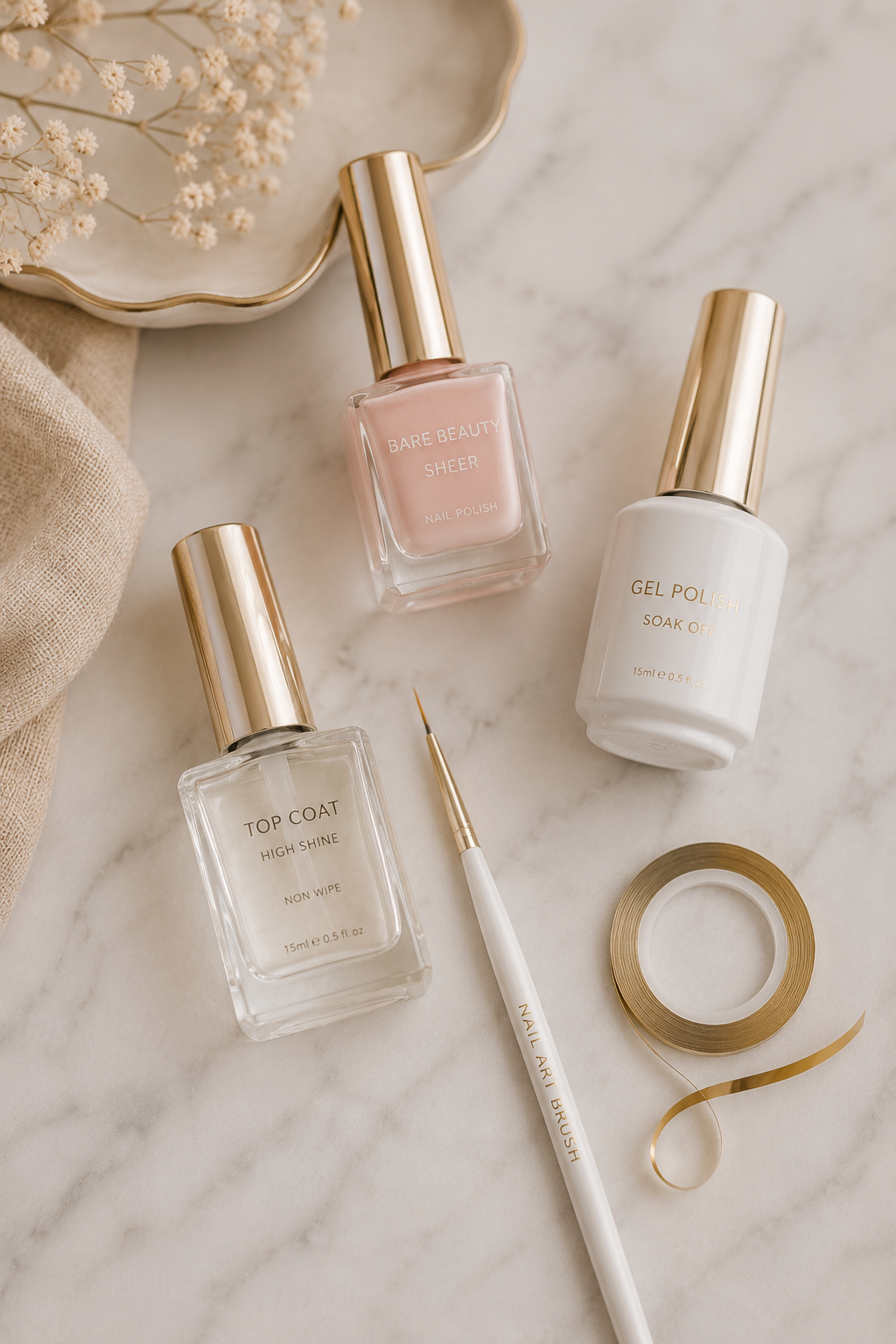 Nail tools for a DIY micro french manicure — fine brush, sheer pink polish, white gel polish, and top coat on marble.