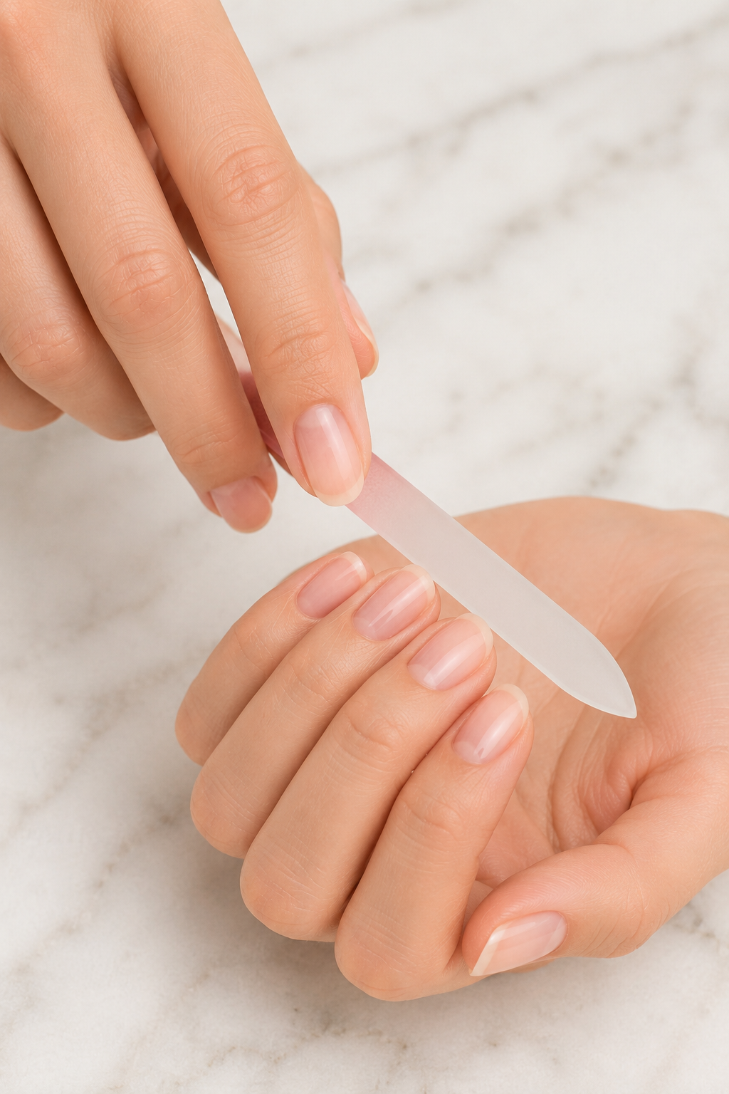 A woman gently shaping her natural nails with a crystal glass file for healthy, refined nail maintenance.