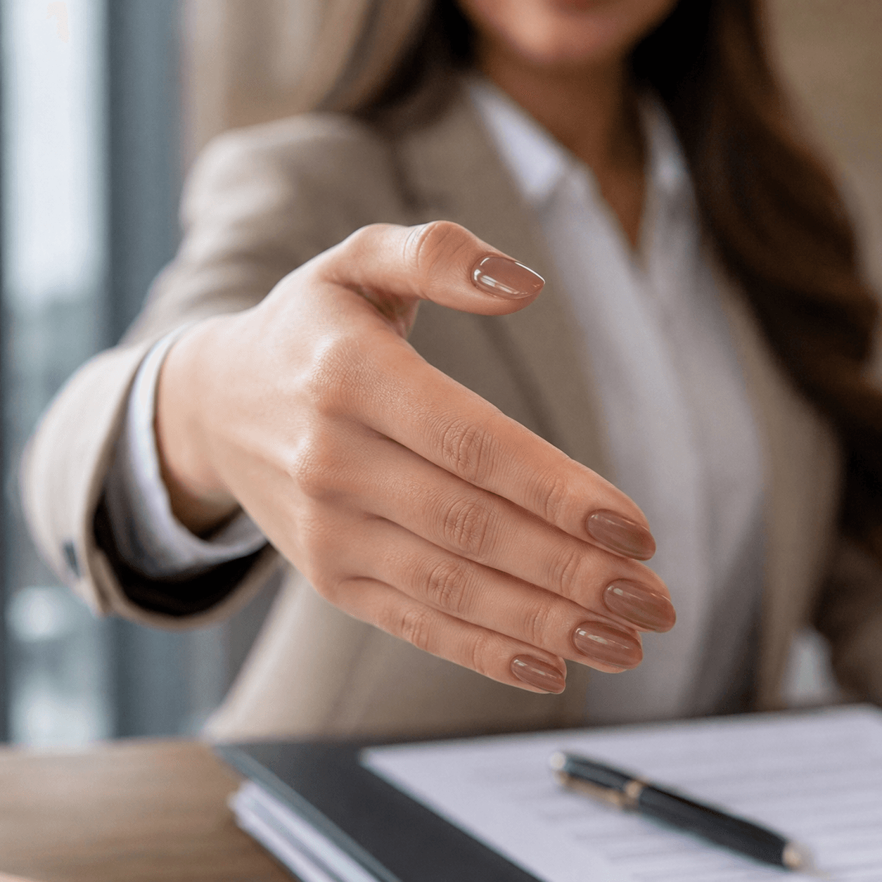 A professional woman wearing elegant office-friendly nails in a sheer, rich espresso glaze finish while gesturing in an office setting.