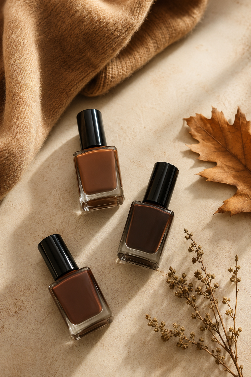 Espresso brown and dark chocolate nail polish bottles in an autumn flat lay with warm neutral textures and dried botanicals.