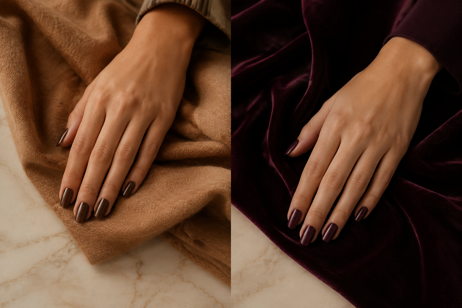 Espresso brown nails and deep plum nails side by side — fall's two most elegant nail color alternatives to classic red.