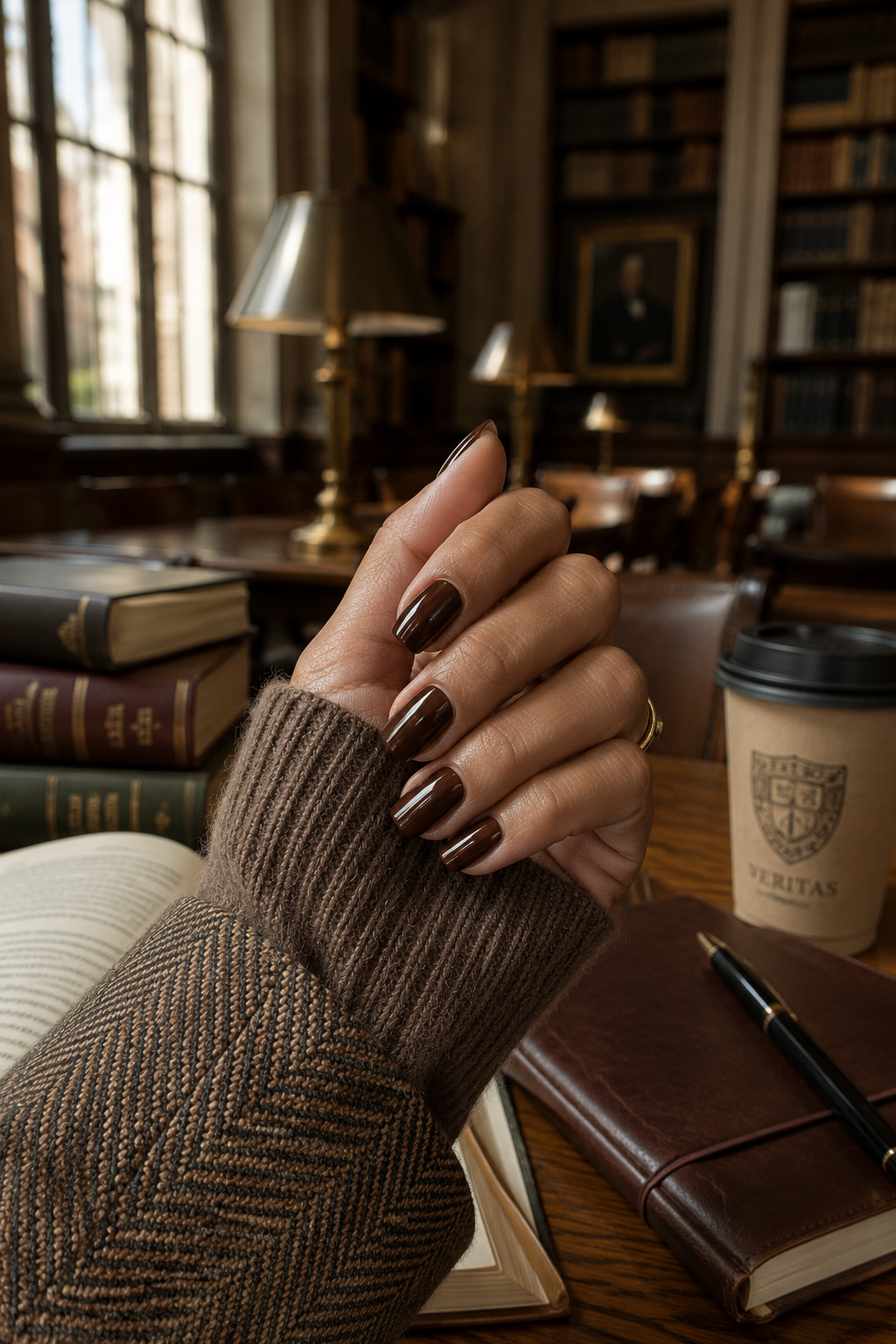 Espresso brown squoval manicure with glossy finish ideal for elevated teacher nails and fall office style.