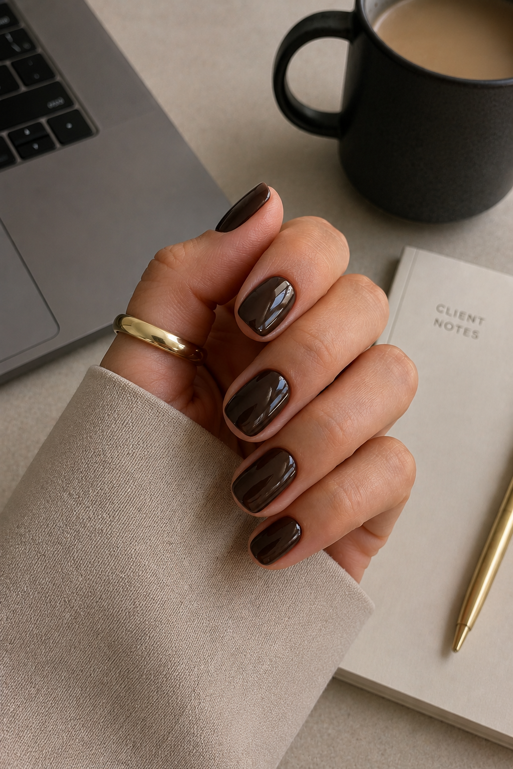 Glossy espresso brown nails with a rich high-shine finish on a short almond shape.