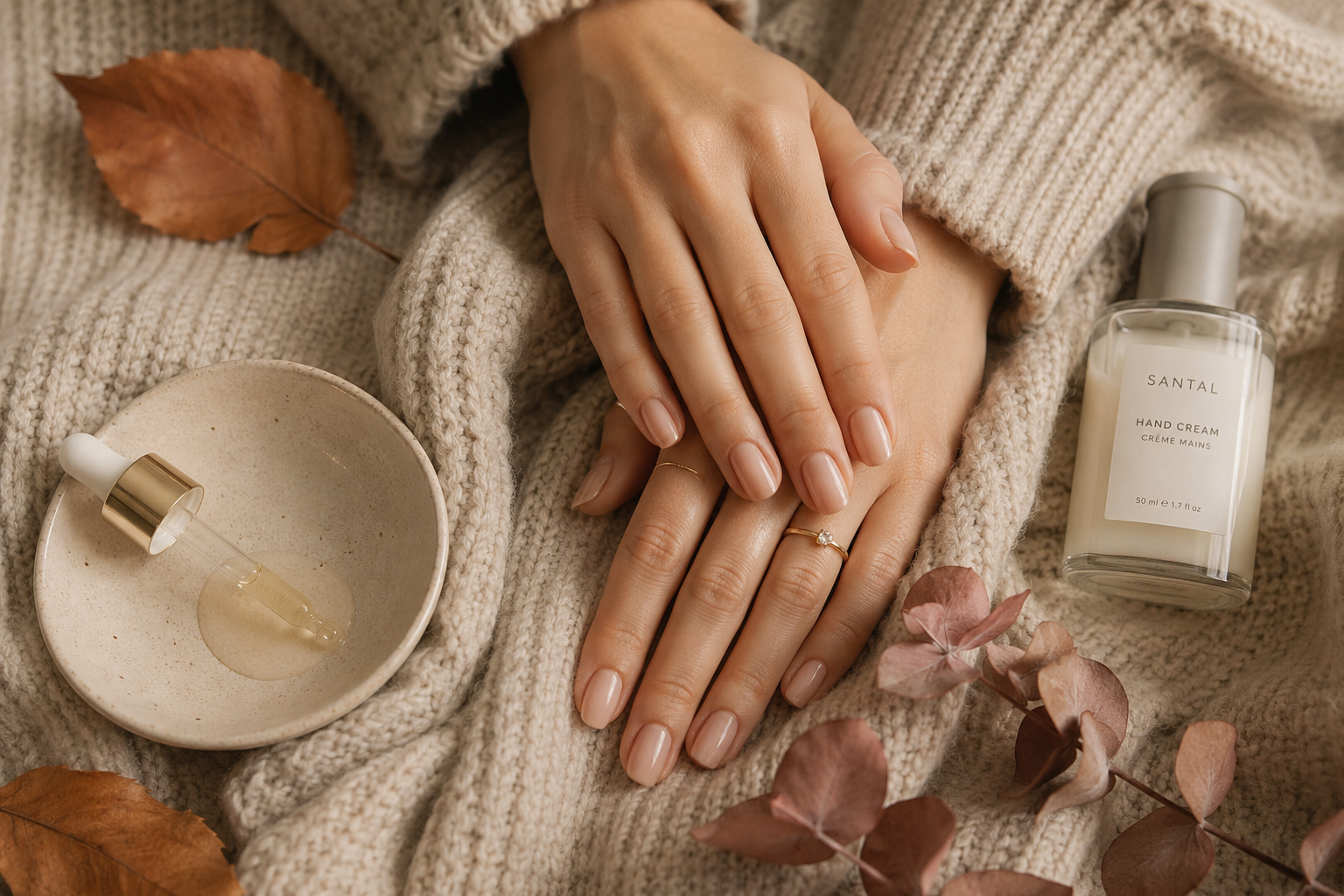 Soft feminine hands applying hand cream against a cozy knit background as part of a fall hand care routine.