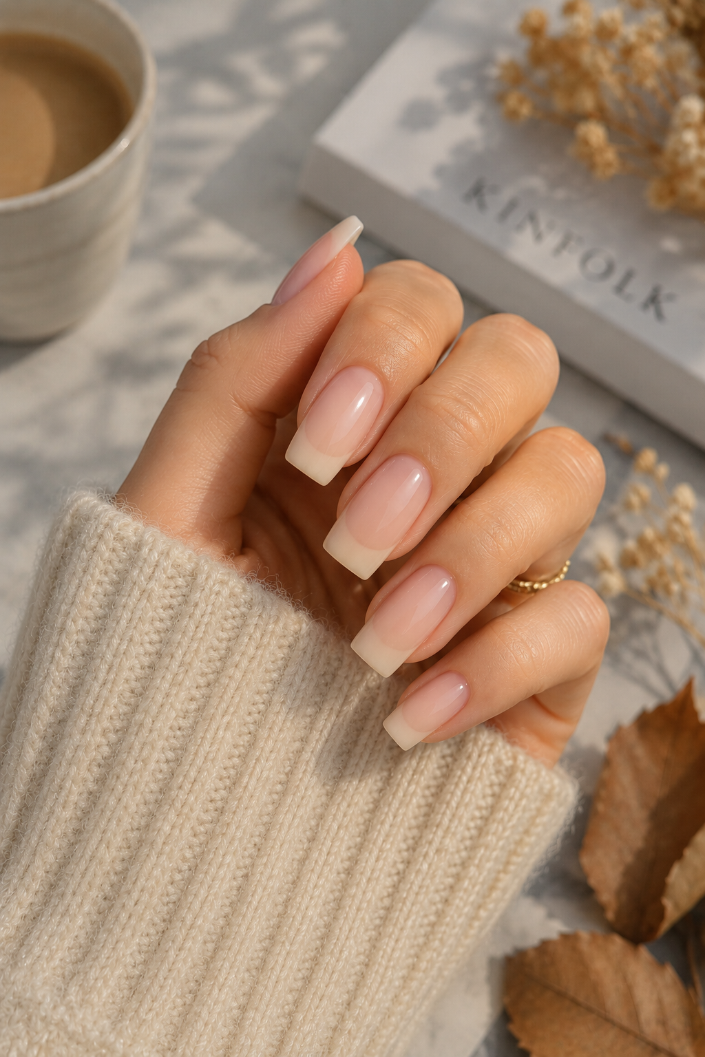 A sophisticated French manicure blending nude peach tones with the cloud dancer nails trend.