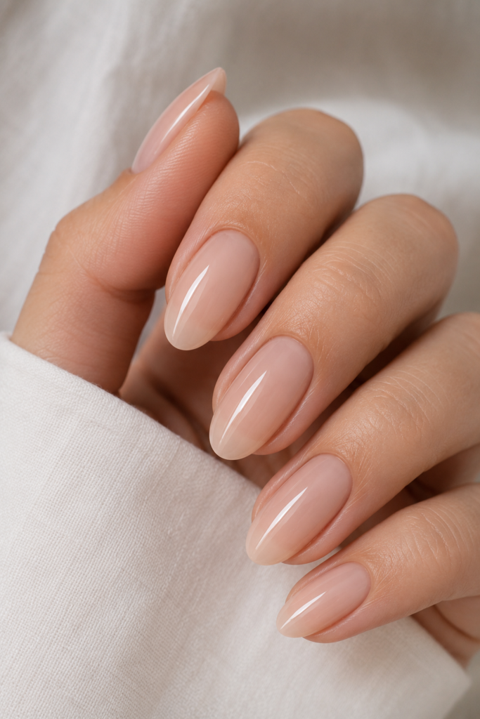 Frosted Nude manicure with a glossy finish, a dreamy choice among our nude nail ideas.