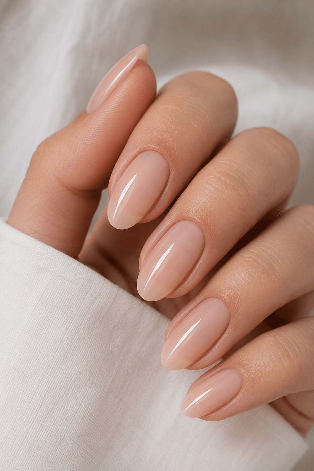 Frosted Nude manicure with a glossy finish, a dreamy choice among our nude nail ideas.