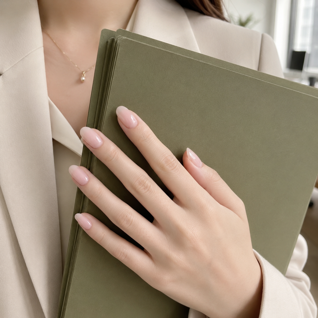 Feminine and elegant office-friendly nails in a subtle, frosted petal pink, holding a professional folder with poise.