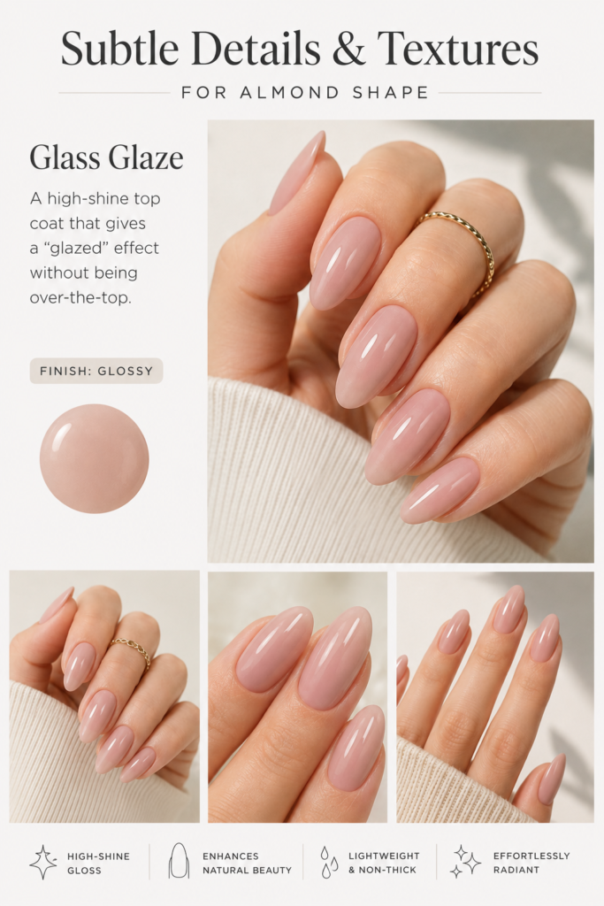Almond-shaped nude pink nails featuring a glass glaze finish with subtle shine and clean girl elegance.