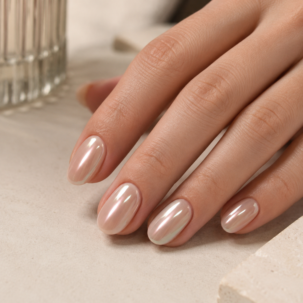 Discover a modern take on elegant office-friendly nails with this ethereal, pearlescent glazed donut finish that catches the light beautifully.
