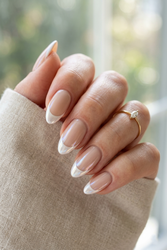Luminous Glazed French tips, a dreamy and trendy pick for your nude nail ideas.