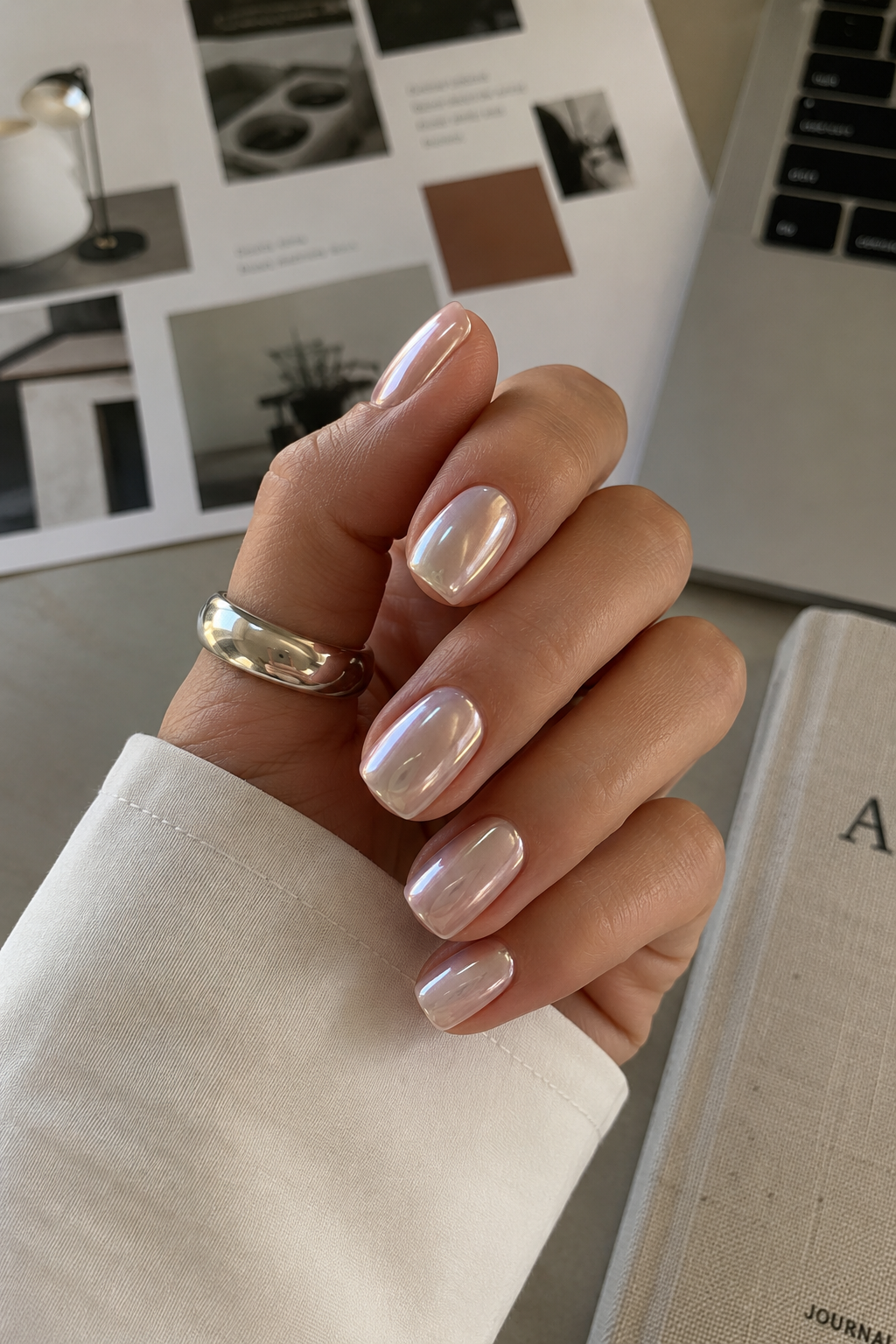 Soft chrome glazed nails on rounded square nails with a subtle pearl-like shine.