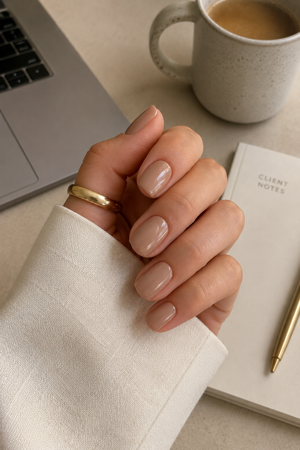 Professional nail ideas showcasing glossy mid-tone beige nude nails with a sophisticated minimalist aesthetic.