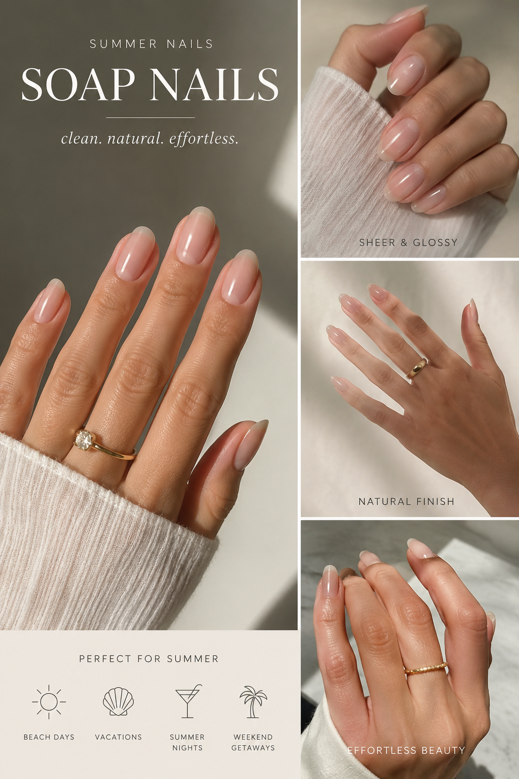 Glossy soap nails with a sheer natural finish, elegant summer nails ideas for clean girl aesthetic.
