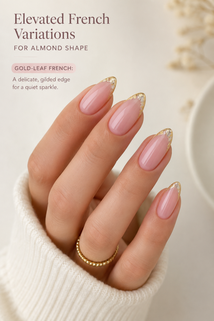 Elegant almond nails with a delicate gold-leaf French design, combining glossy blush pink polish and understated luxury details.