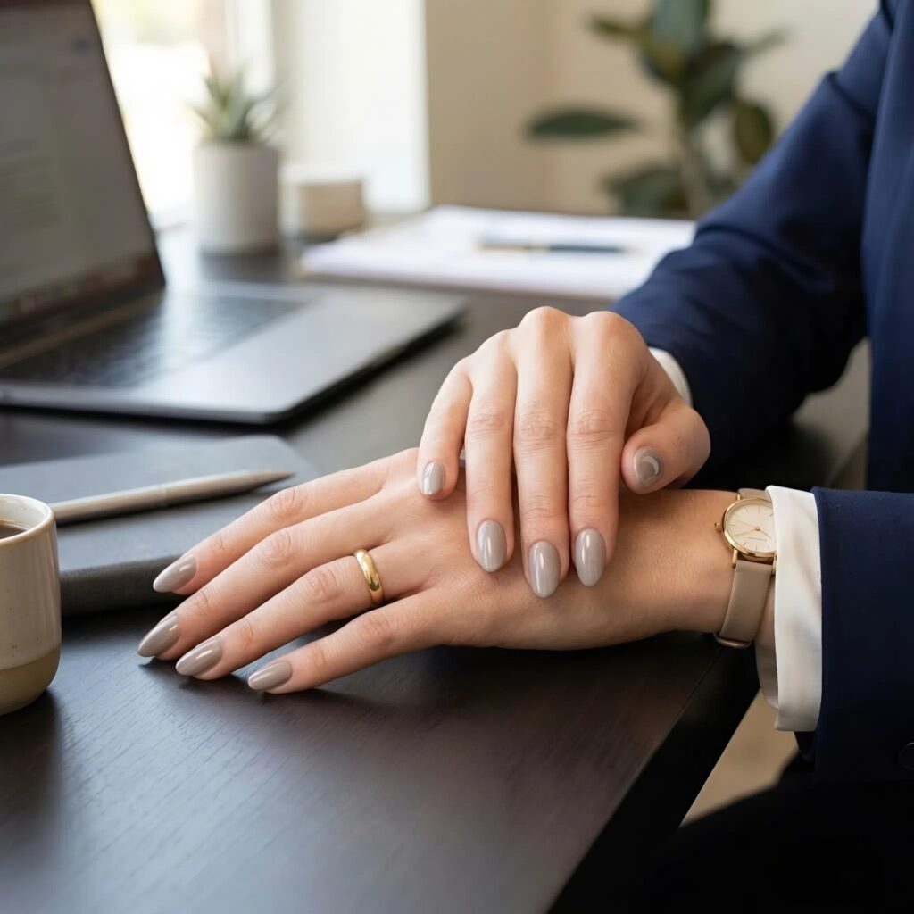 Sophisticated and versatile, these elegant office-friendly nails in a timeless greige shade are the ultimate choice for a polished, professional look.